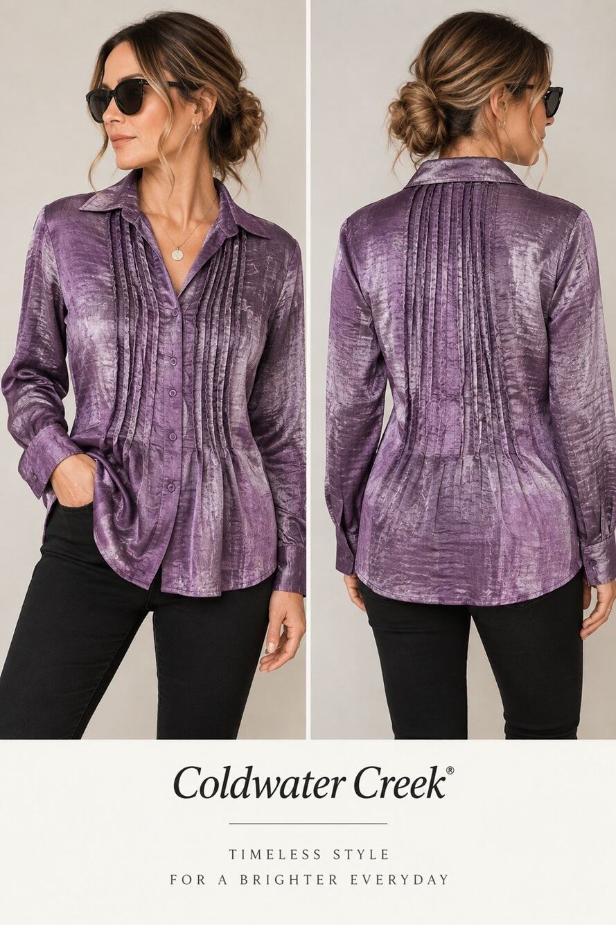 Coldwater Creek Women’s Large Purple Crinkle Satin Button Front Blouse